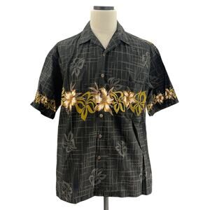 Vintage 80s Hilo Hattie Men's Large Hawaiian Shirt Black Floral Cotton